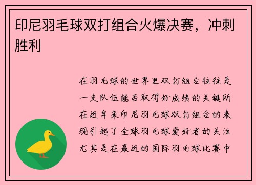 印尼羽毛球双打组合火爆决赛，冲刺胜利