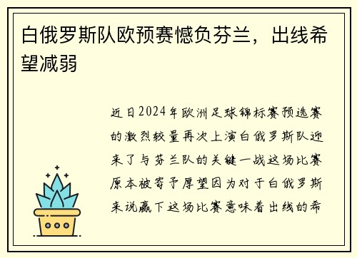 白俄罗斯队欧预赛憾负芬兰，出线希望减弱