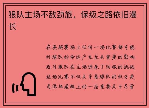 狼队主场不敌劲旅，保级之路依旧漫长