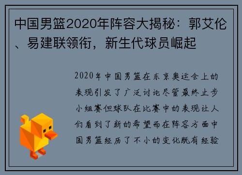 中国男篮2020年阵容大揭秘：郭艾伦、易建联领衔，新生代球员崛起