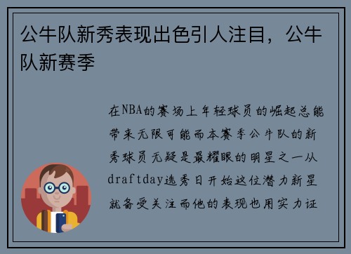 公牛队新秀表现出色引人注目，公牛队新赛季