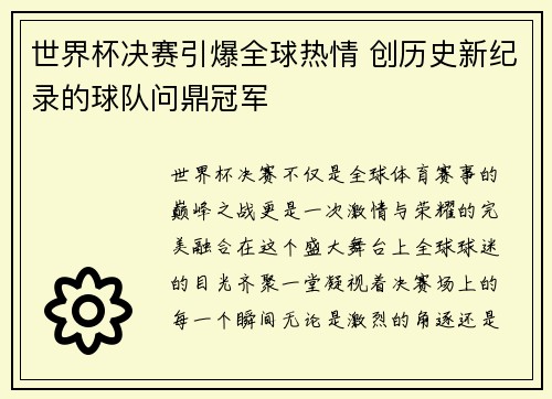世界杯决赛引爆全球热情 创历史新纪录的球队问鼎冠军