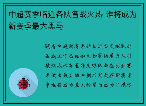 中超赛季临近各队备战火热 谁将成为新赛季最大黑马