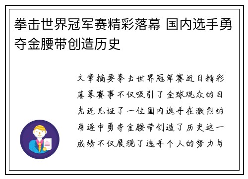 拳击世界冠军赛精彩落幕 国内选手勇夺金腰带创造历史