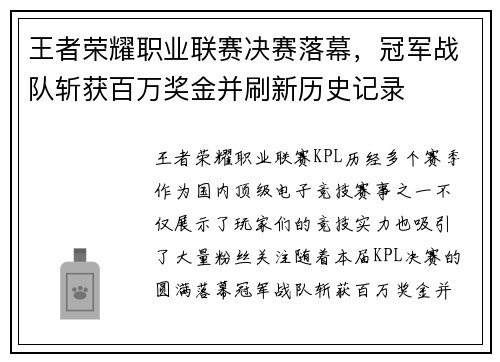 王者荣耀职业联赛决赛落幕，冠军战队斩获百万奖金并刷新历史记录